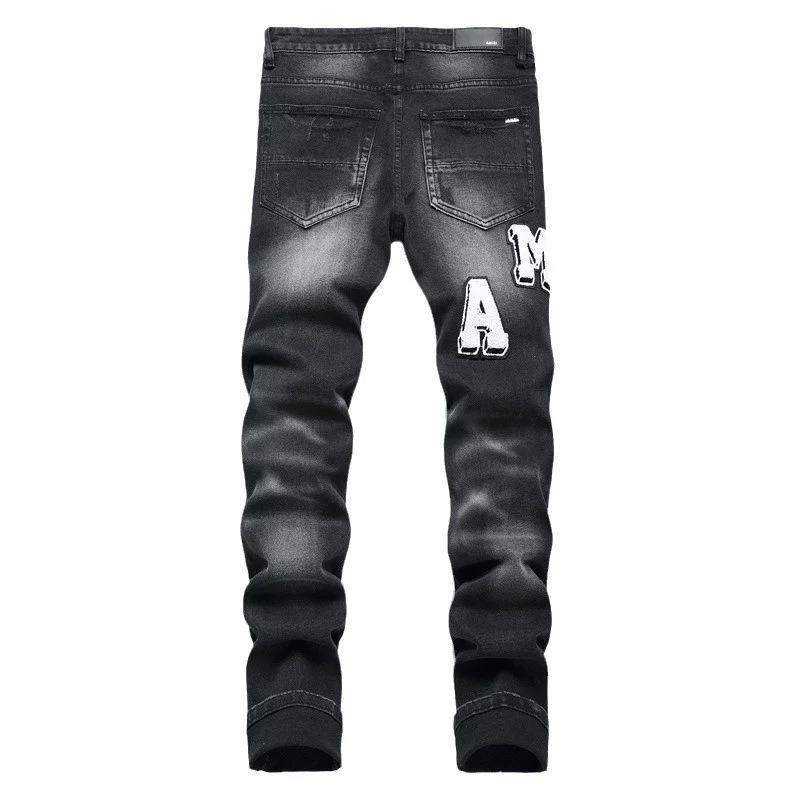 Men's retro black jeans with ripped holes, trendy stretch slim fit, fashionable pants, versatile men's pants