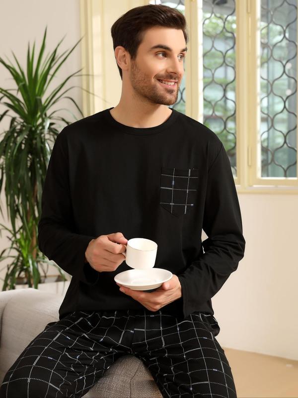 Two-Piece Set Men's Plaid Print Pocket Tee & Pants Pyjama, Regular Fit Casual Comfy Round Neck Long Sleeve T-shirt & Trousers PJ Set, Men's Sleepwear for Spring & Fall