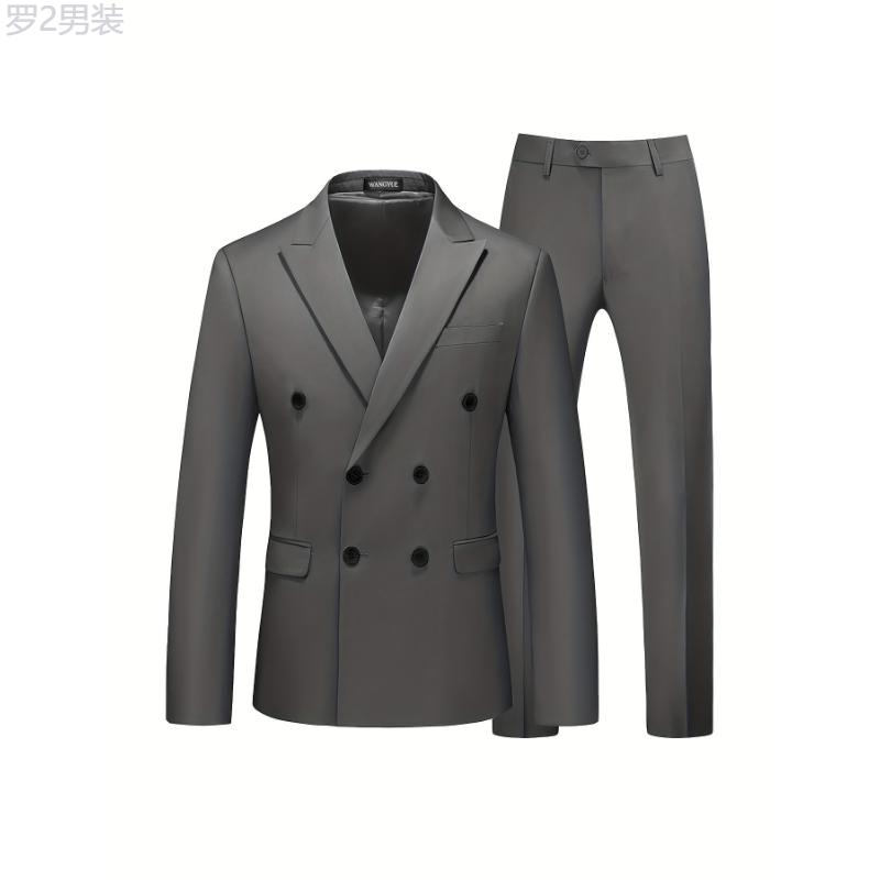 Formal 2 Pieces Set, Men's Double Breasted Suit Jacket & Dress Pants Suit Set For Business Dinner Wedding Party Menswear Polyester