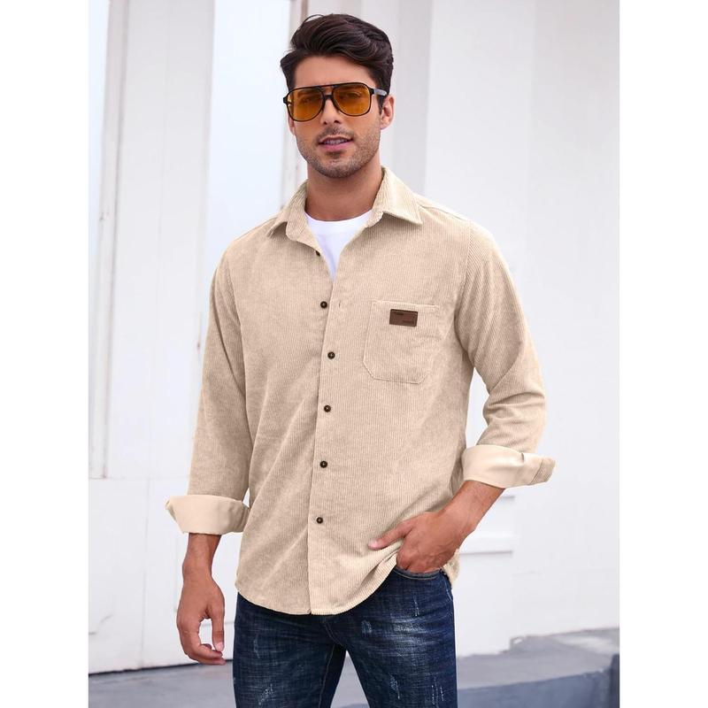 Lightweight Corduroy Button Down Jacket For Men Long Sleeve Work Shirts Shackets with Pocket