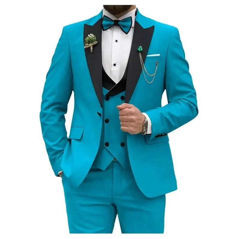 Blue Men Suits Slim Fit 3 Piece Double Breasted Suit Men Wedding Prom Party Business(Blazer+Vest+Pants) Wedding Suits for Men Menswear Chinese Festival Office Formal Workwear Long Sleeve Beige Customized Formal Wear Plain Sleeveless