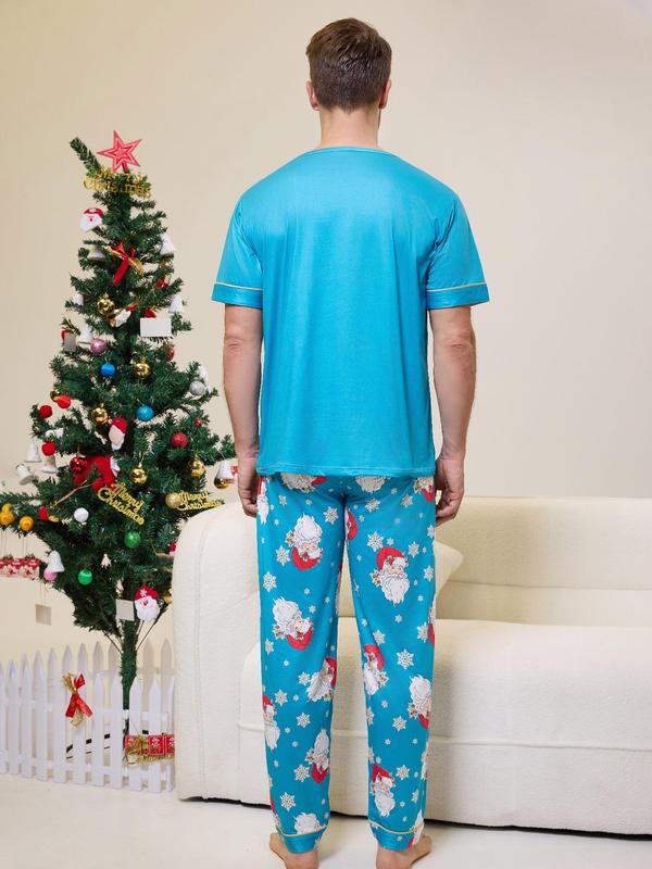 Two-Piece Set Men's Christmas Themed Print Short Sleeve Tee & Elastic Waist Pants Pyjama, Casual Comfy Round Neck T-shirt & Trousers PJ Set, Men's Sleepwear for All Seasons