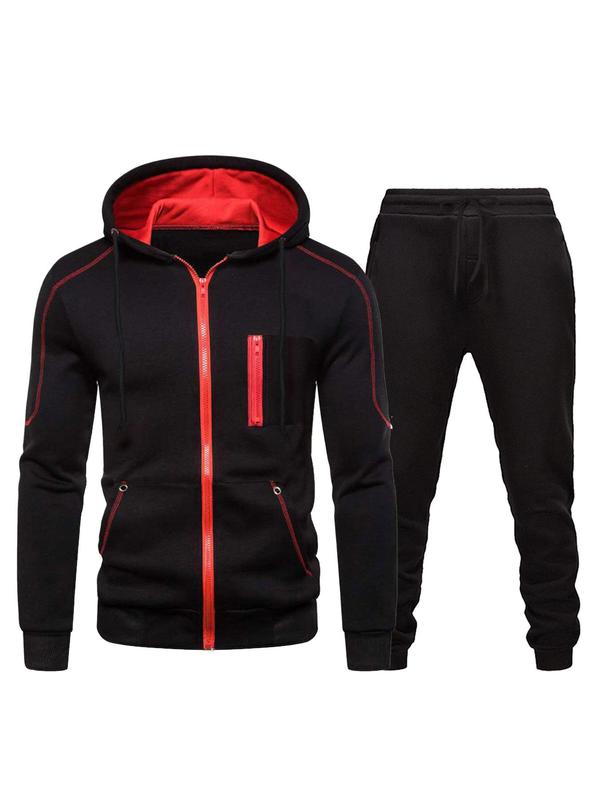 Two-Piece Set Men's Slim Zip Up Hooded Jacket & Drawstring Waist Sweatpants Set, Casual Cozy Long Sleeve Hoodie & Jogger Pants for Spring & Fall, for Outdoor Running