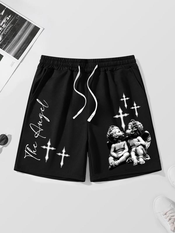 Men's Letter & Cross Print Drawstring Waist Shorts, Regular Fit Casual Pocket Design Shorts for Summer, Men's Bottoms for Daily Wear