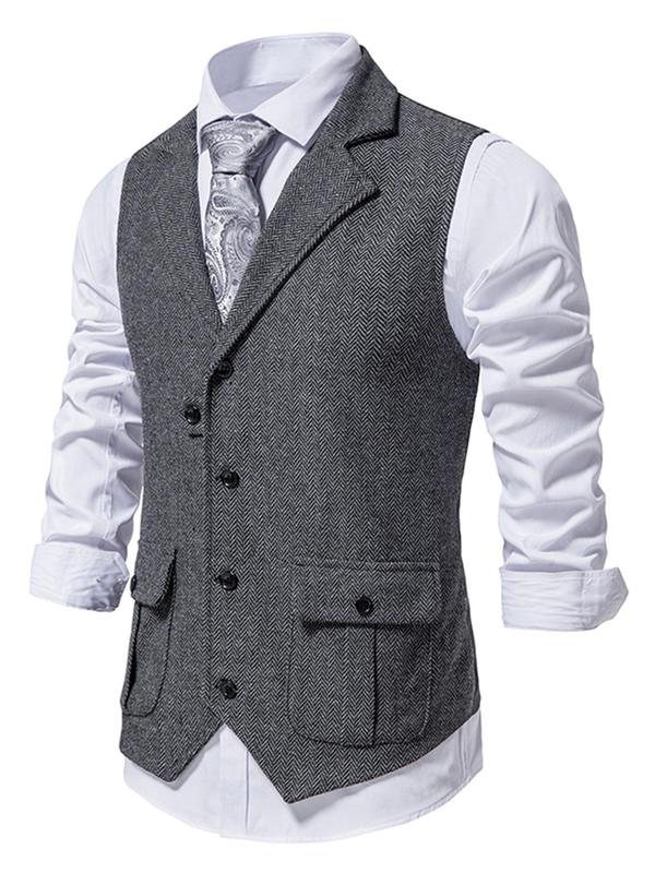 Men's Solid Button Front Pocket Suit Vest, Regular Fit Casual Lapel Sleeveless Suit Vest for Work Office Business, Men's Clothes for All Seasons