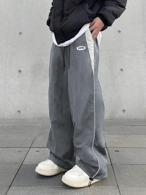 Men's Patched Pocket Drawstring Wide Leg Pants, Casual Street Loose Fit Jogger Pants for Daily Wear, Mens Bottoms for All Seasons