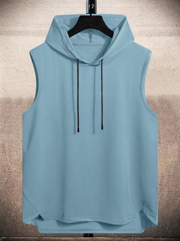 Men's Plain Drawstring High Low Hem Hooded Tank Top, Summer Tank Tops Outfits 2024, Sleeveless Hoodie, Streetwear Regular Fit Casual Sleeveless Vest, Going Out Top