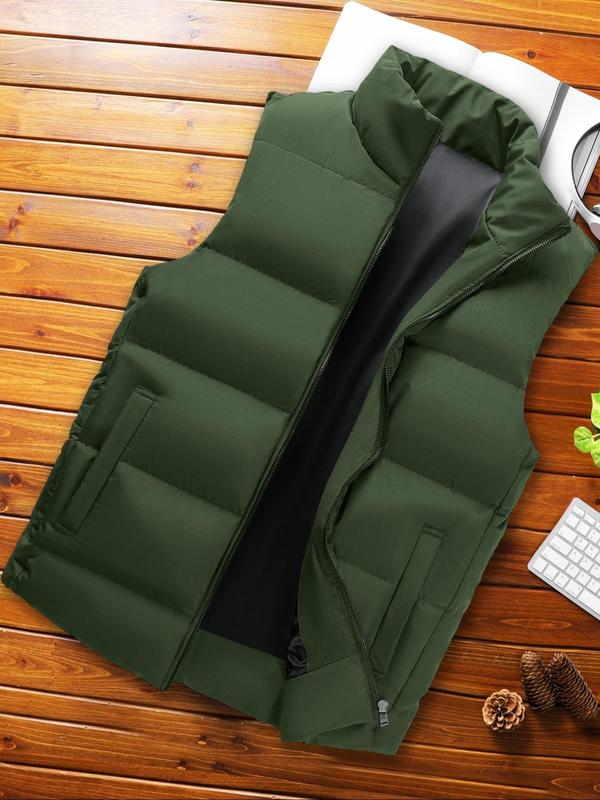 Men's Solid Zip Up Stand Collar Gilet, Regular Fit Casual Pocket Design Sleeveless Outerwear for Fall & Winter, Men's Clothes for Daily Wear Tops