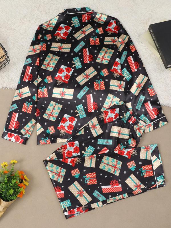 Two-Piece Set Men's Christmas Print Satin Pyjama Set, Long Sleeve Lapel Neck Button Front Shirt & Elastic Waist Pants PJ Set, Men's Sleepwear for Spring & Fall