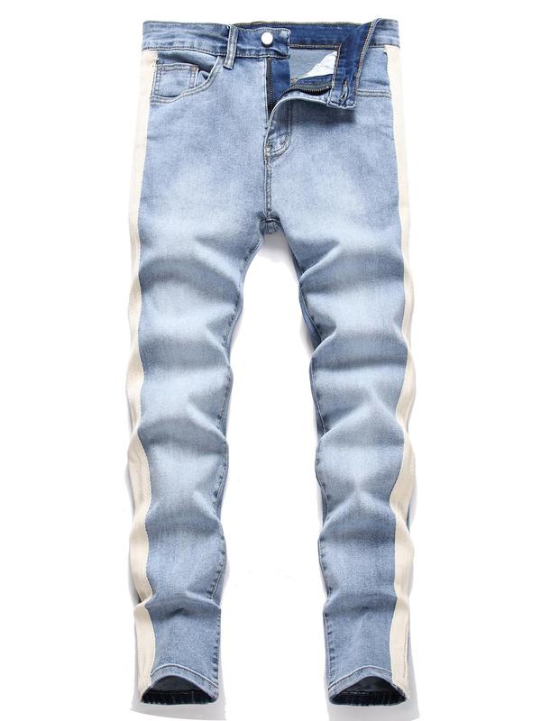 Men's Side Striped Trim Zipper Fly Pocket Jeans, Casual Comfy Regular Fit Denim Pants for Daily Wear, Fashion Men's Bottoms for All Seasons