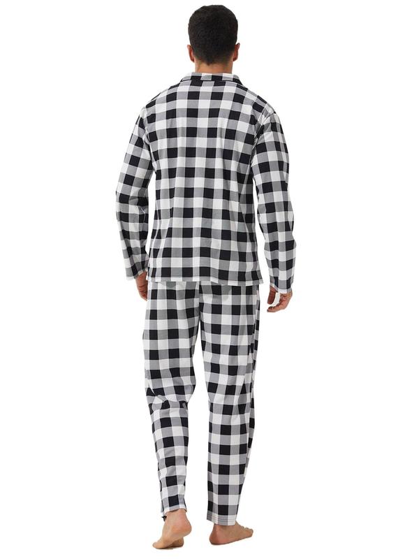 Men's Plaid Print Button Front Pocket Lapel Shirt & Elastic Waist Pants Loungewear Two-piece Set, Regular Fit Casual Comfy Long Sleeve Top & Trousers Pj Set, Men's Sleepwear for Spring & Fall