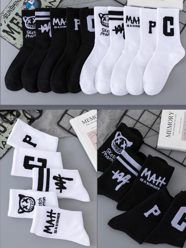 Men's 10 Pairs Cartoon & Letter Print Crew Socks, Casual Moisture Wicking Mid-calf Socks, Soft Comfy Breathable Socks for All Seasons Daily Wear