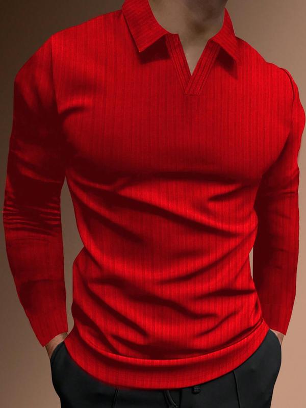 Men's Solid Long Sleeve Polo Shirt, Regular Fit Casual Comfortable Top for Spring & Fall, Men's Clothing for Daily Wear