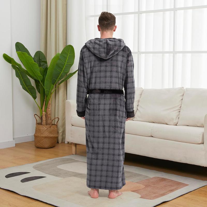 Mens Plush Plaid Hooded Robe, Full Length Fleece Big and Tall Bathrobe with Hood