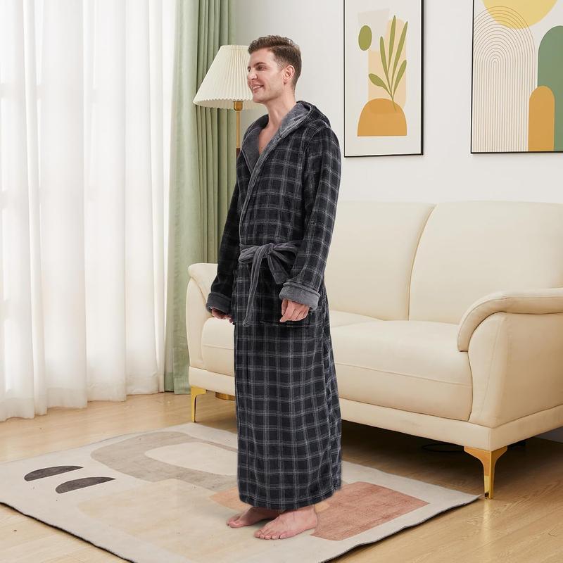 Mens Plush Plaid Hooded Robe, Full Length Fleece Big and Tall Bathrobe with Hood