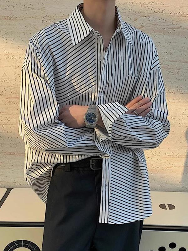 Men's Striped Print Button Front Plicated Shirt, Loose Casual Comfy Drop Shoulder Long Sleeve Collared Top for Daily Wear, Men's Clothes for All Seasons