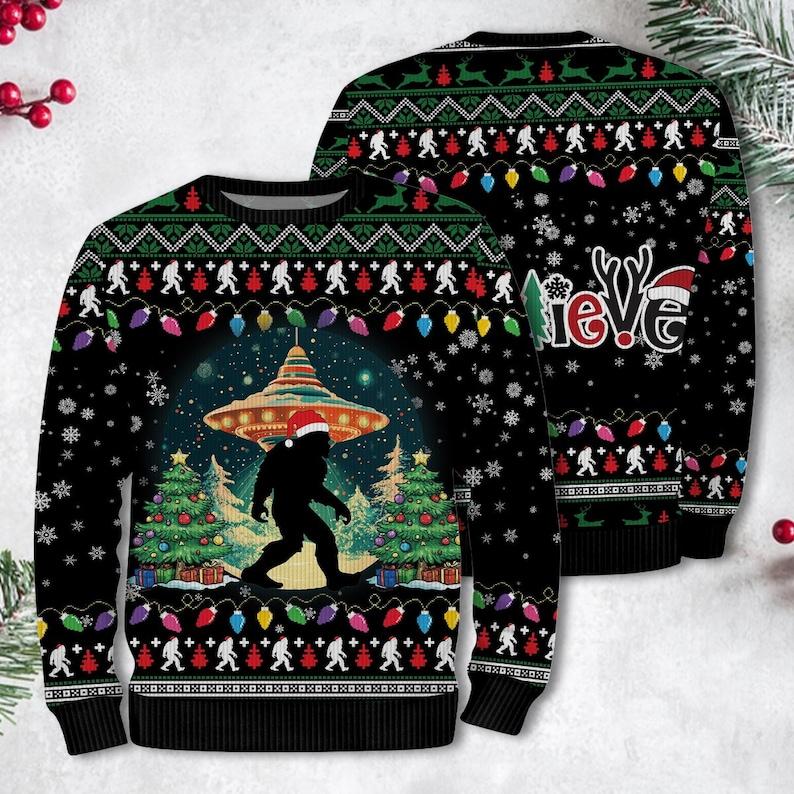 Bigfoot UFO Ugly Christmas Sweater, Christmas Tree Ugly Sweater For Men & Women - Perfect Gift For Christmas, Family, Friends, Xmas