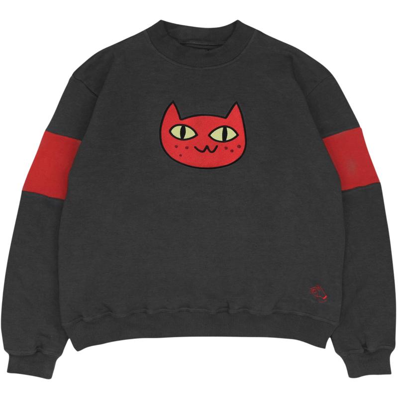 Steady Hands Cat Embroidered Grey Sweater Red Stripe Detailing