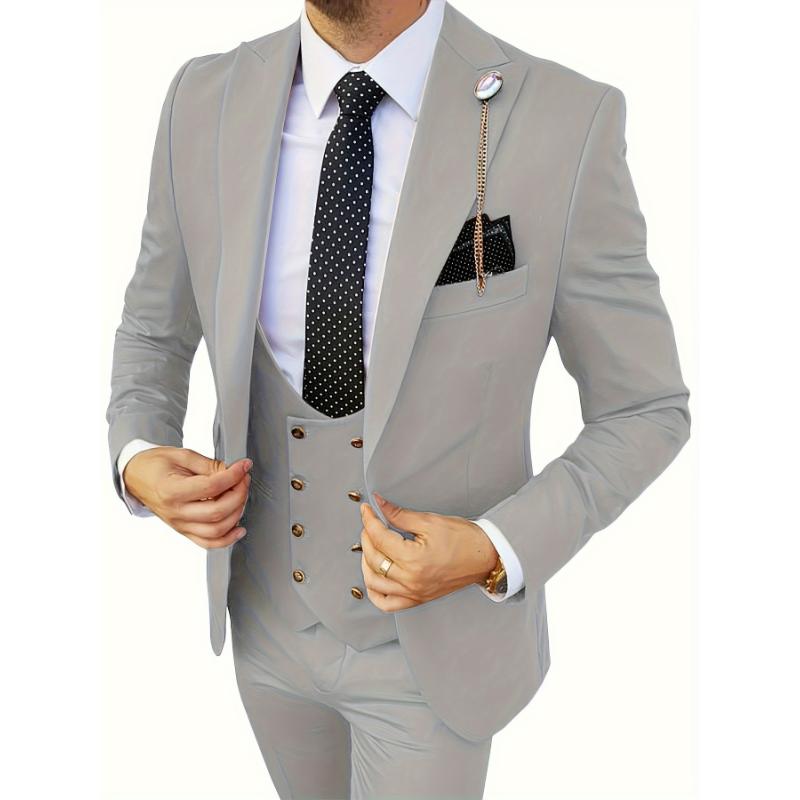 3 Pieces Set, One Button Suit Jacket & Double Breasted Vest, Men's Formal Pants Suit Set for Business Dinner Wedding Party Menswear Polyester