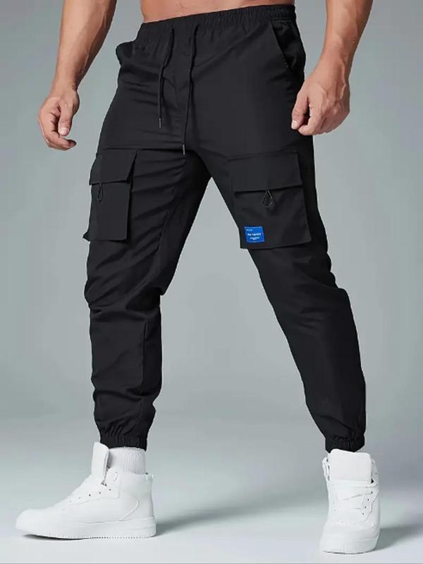 Men's Letter Patch Pocket Drawstring Waist Cargo Pants, Regular Fit Casual Trousers for Spring & Fall, Men's Bottoms for Daily Wear