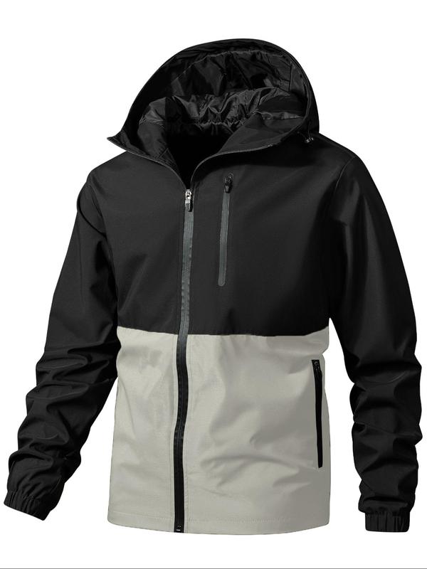 Men's Regular Fit Colorblock Zip Up Hooded Jacket, Casual Sporty Windproof Waterproof Long Sleeve Outerwear for Outdoor Windbreaker Clothes, Winter Jackets