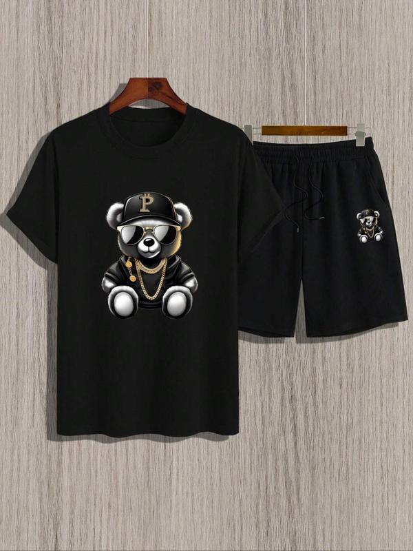 Two-Piece Set Men's Cartoon Bear Print Tee & Drawstring Waist Shorts Set, Regular Fit Round Neck Short Sleeve T-shirt & Pocket Shorts, Casual Summer Clothes Set for Outdoor