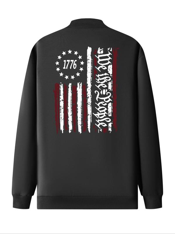 Men's American Flag Print Zip Up Jacket, Regular Fit Casual Long Sleeve Pocket Zipper Outerwear for Fall & Winter, Men's Clothes for Daily Wear