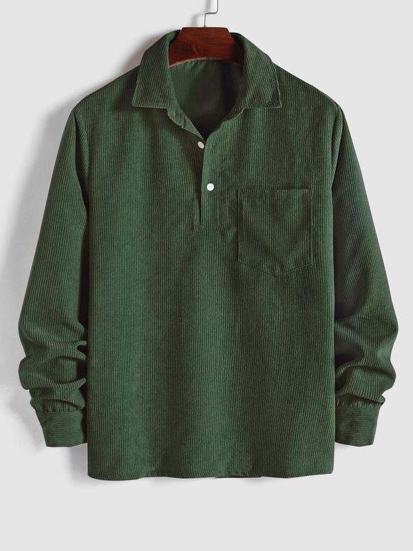 Men's Plain Pocket Button Half Placket Corduroy Shirt for Spring, Shirts for Men, Regular Fit Streetwear Long Sleeve Collared Top for Fall Winter, Fall Clothes, Men Clothes, Fall Outfits, Fallfreshness Longsleeves