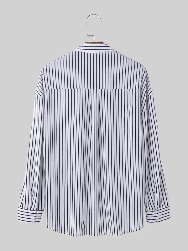 Men's Striped Print Button Front Plicated Shirt, Loose Casual Comfy Drop Shoulder Long Sleeve Collared Top for Daily Wear, Men's Clothes for All Seasons