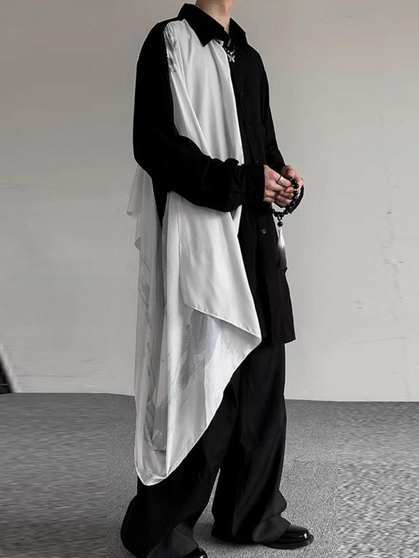 Men's Colorblock Patchwork Button Front Asymmetrical Draped Shirt, Loose Casual Fashion Long Sleeve Collared Top for Spring & Fall, Men's Clothes for Daily Wear