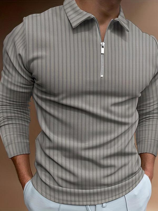 Men's Solid Half Zip Up Ribbed  Polo Shirt, Regular Fit Casual Long Sleeve Top for All Seasons, Fashion Men's Clothes for Daily Wear