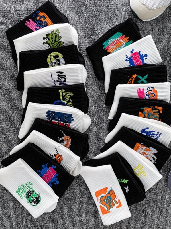 Random 10 Pairs Unisex's  Cartoon Print Crew Socks, Casual Comfortable Breathable Socks for Daily Wear, Men's Socks for All Seasons