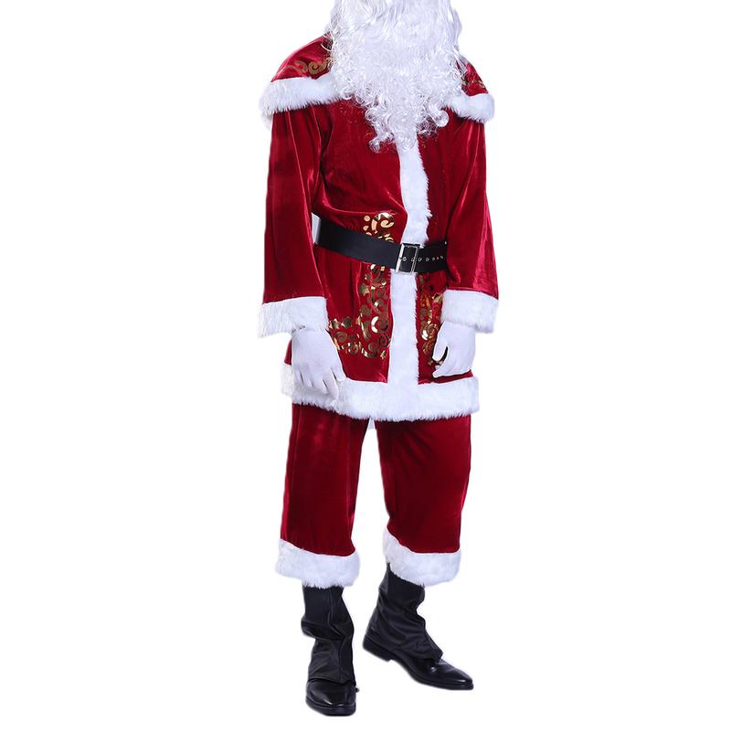 Santa Claus Costume Sets, Hat+Shawl+Top Shirt +Loose Pants+Shoes+Gloves+Waist Belt, Deluxe Velvet Adult Kids Santa Suit