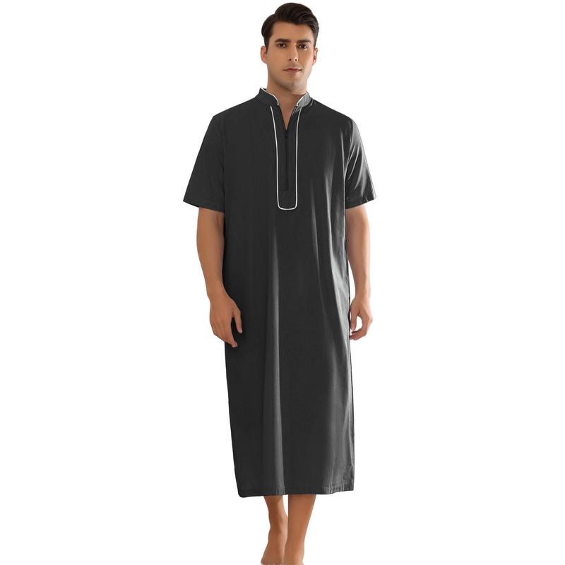 Lars Amadeus Nightgown for Men's Loose Fit Short Sleeves Stand Collar Zipper Long Nightshirts Black