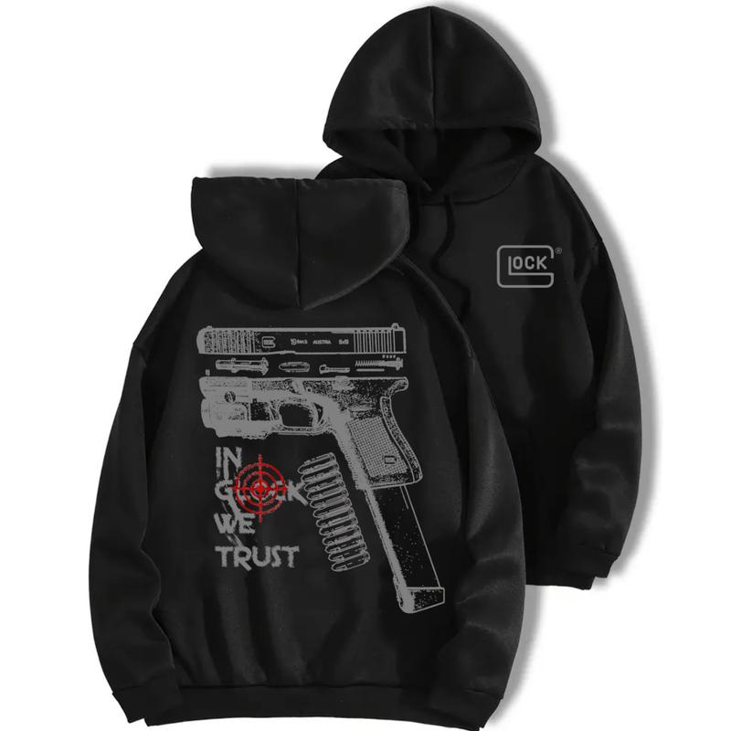 In Glock We Trust Standard size Black Hoodie with Multicolor Design for Men and Women - Classic Fit - Menswear