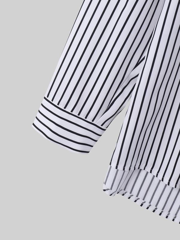 Men's Striped Print Button Front Plicated Shirt, Loose Casual Comfy Drop Shoulder Long Sleeve Collared Top for Daily Wear, Men's Clothes for All Seasons