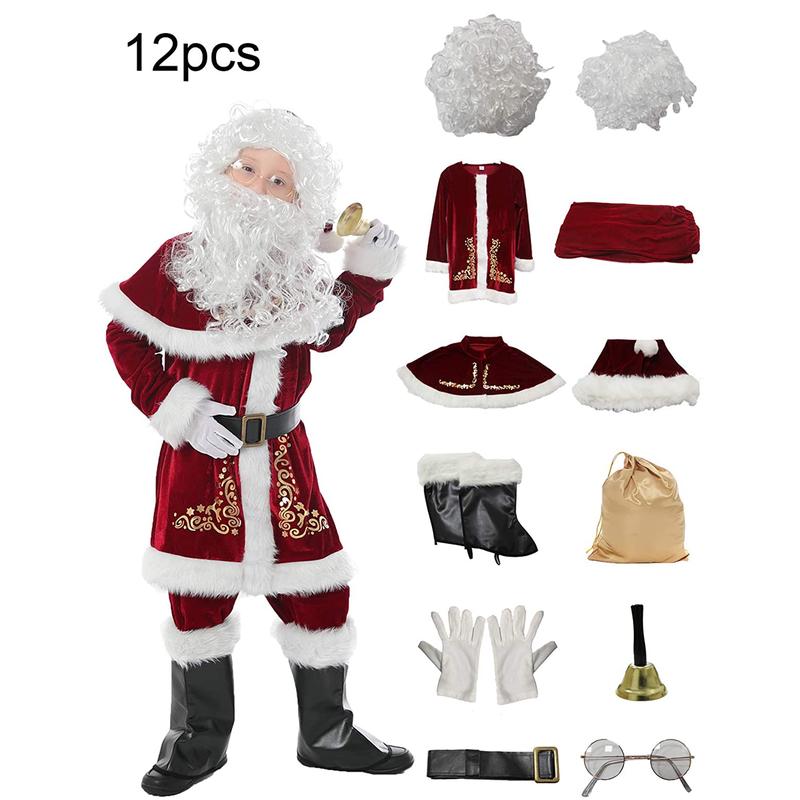 Santa Claus Costume Sets, Hat+Shawl+Top Shirt +Loose Pants+Shoes+Gloves+Waist Belt, Deluxe Velvet Adult Kids Santa Suit