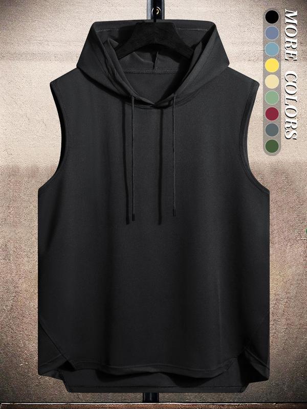 Men's Plain Drawstring High Low Hem Hooded Tank Top, Summer Tank Tops Outfits 2024, Sleeveless Hoodie, Streetwear Regular Fit Casual Sleeveless Vest, Going Out Top