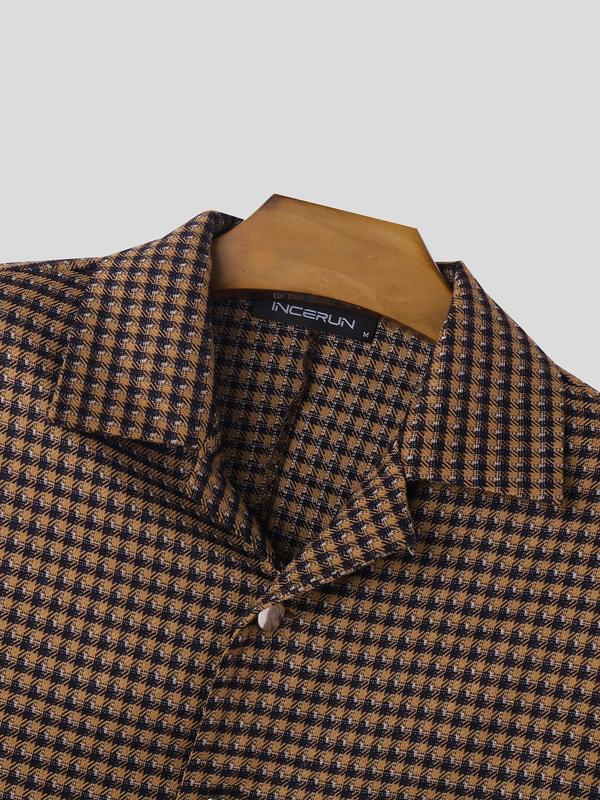 Men's Gingham Print Button Front Jacket, Regular Fit Casual Long Sleeve Collared Outerwear for Spring & Fall, Fashion Men's Clothes for Daily Wear