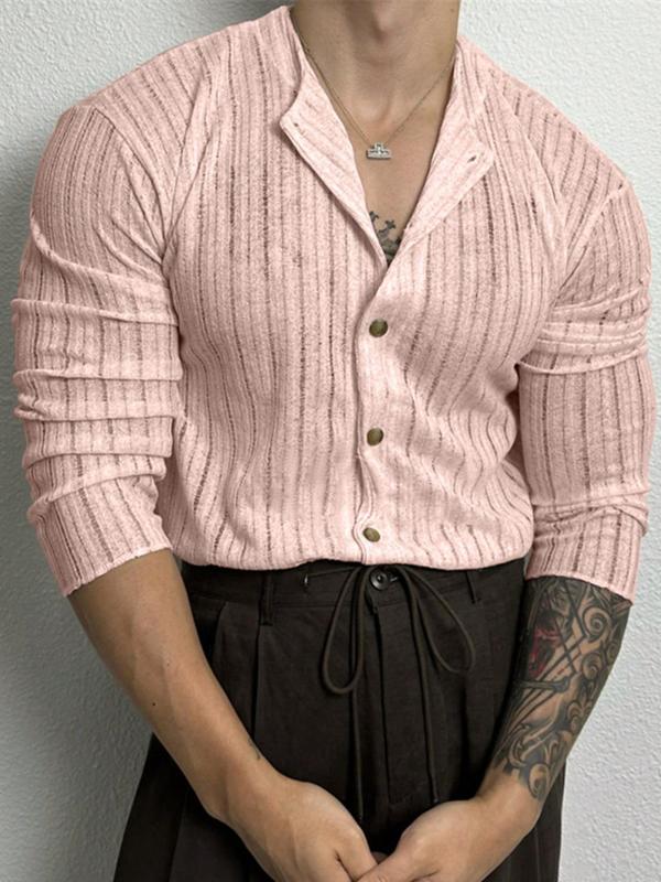 Men's Solid Color Button Front Sheer Round Neck Shirt, Regular Fit Casual Drop Shoulder Long Sleeve Top for Summer, Fashion Men's Streetwear Clothes for Daily Wear