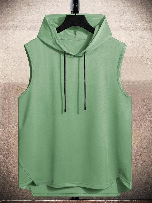 Men's Plain Drawstring High Low Hem Hooded Tank Top, Summer Tank Tops Outfits 2024, Sleeveless Hoodie, Streetwear Regular Fit Casual Sleeveless Vest, Going Out Top