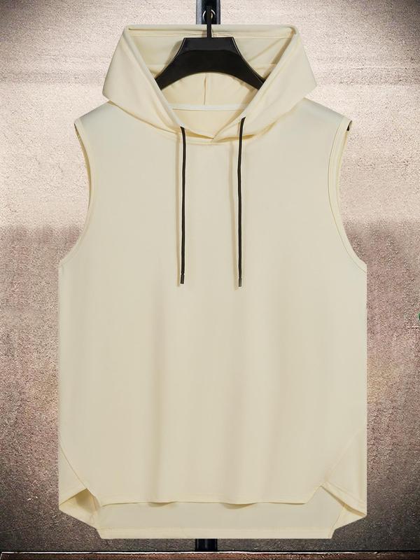 Men's Plain Drawstring High Low Hem Hooded Tank Top, Summer Tank Tops Outfits 2024, Sleeveless Hoodie, Streetwear Regular Fit Casual Sleeveless Vest, Going Out Top