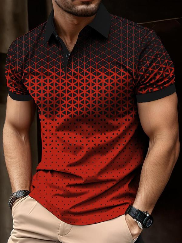 Men's Regular Fit Ombre Geometric Print Short Sleeve Polo Shirt, Casual Graphic Button Front Half Placket Collared Top for Summer, Polo Tees, Back-to-School Clothing, Streetwear, Polo Shirts Men, Menswear