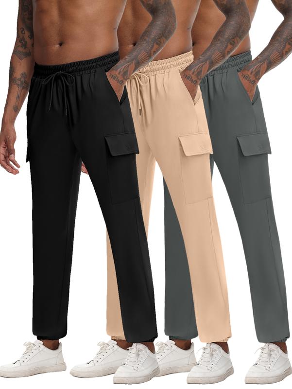 EXARUS 3-Pack Men's Sports Pants Casual Crotchless Pants Lightweight Drawstring Jogging Sweatpants with Zipper Pockets Thickened  Trouser Menswear Operator Beige Plain Menswear Trouser