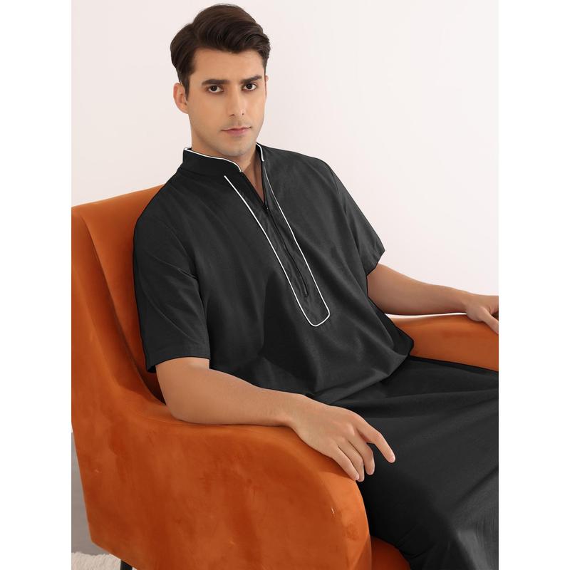 Lars Amadeus Nightgown for Men's Loose Fit Short Sleeves Stand Collar Zipper Long Nightshirts Black