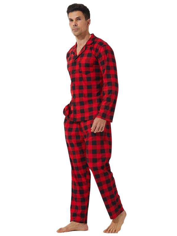 Men's Plaid Print Button Front Pocket Lapel Shirt & Elastic Waist Pants Loungewear Two-piece Set, Regular Fit Casual Comfy Long Sleeve Top & Trousers Pj Set, Men's Sleepwear for Spring & Fall