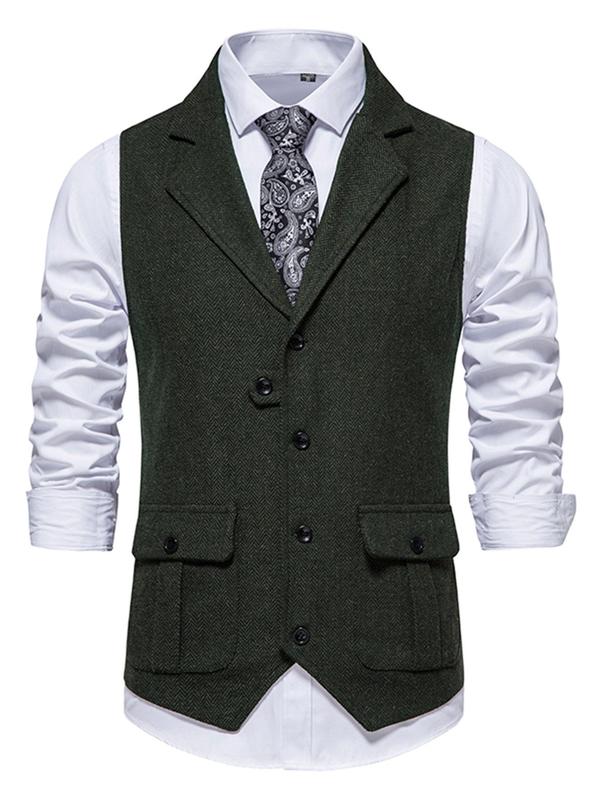 Men's Solid Button Front Pocket Suit Vest, Regular Fit Casual Lapel Sleeveless Suit Vest for Work Office Business, Men's Clothes for All Seasons