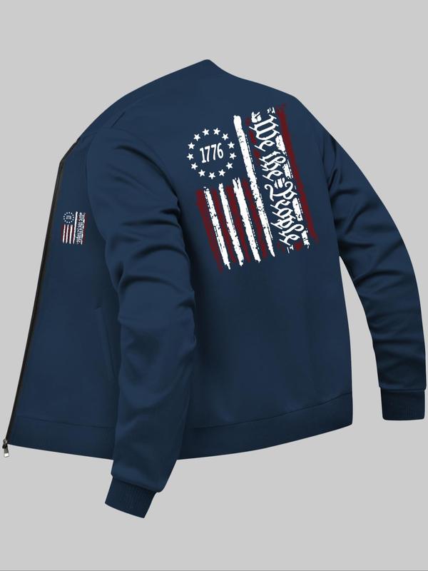 Men's American Flag Print Zip Up Jacket, Regular Fit Casual Long Sleeve Pocket Zipper Outerwear for Fall & Winter, Men's Clothes for Daily Wear