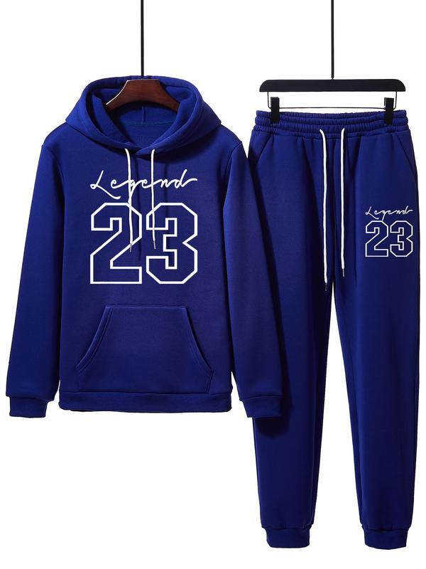 Two-Piece Set Men's Number Graphic Drawstring Pocket Hoodie & Sweatpants Set, Regular Fit Casual Long Sleeve Hooded Pullover & Elastic Waist Pants, Men's Fall & Winter Clothes