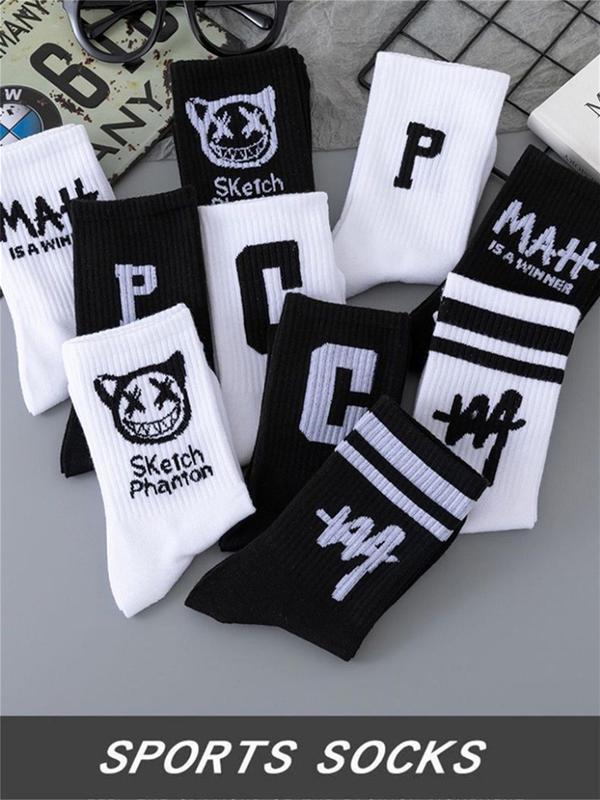 Men's 10 Pairs Cartoon & Letter Print Crew Socks, Casual Moisture Wicking Mid-calf Socks, Soft Comfy Breathable Socks for All Seasons Daily Wear